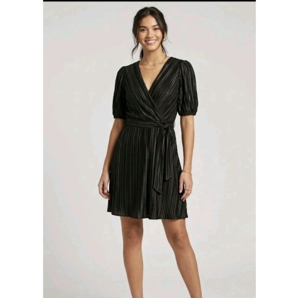 DKNY‎ Black Pleated Faux Leather Wrap Dress Puff Sleeve NWT Women's SZ 2